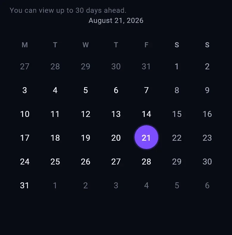 Asteriva astro calendar with a selected day