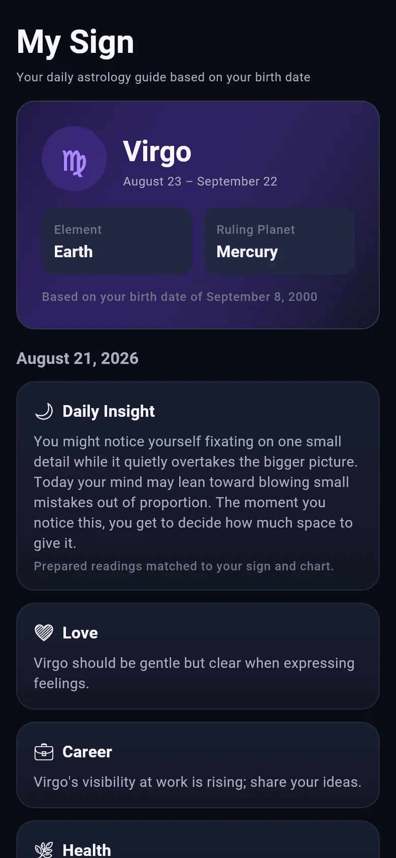 Asteriva app screen showing the daily reading