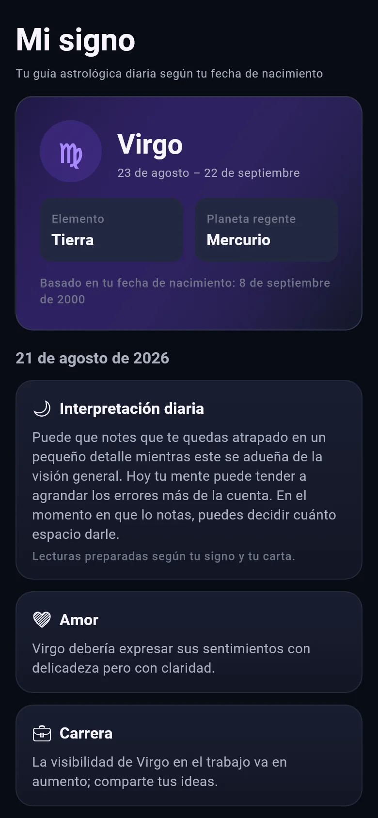 Pantalla de la app Asteriva mostrando la lectura diaria