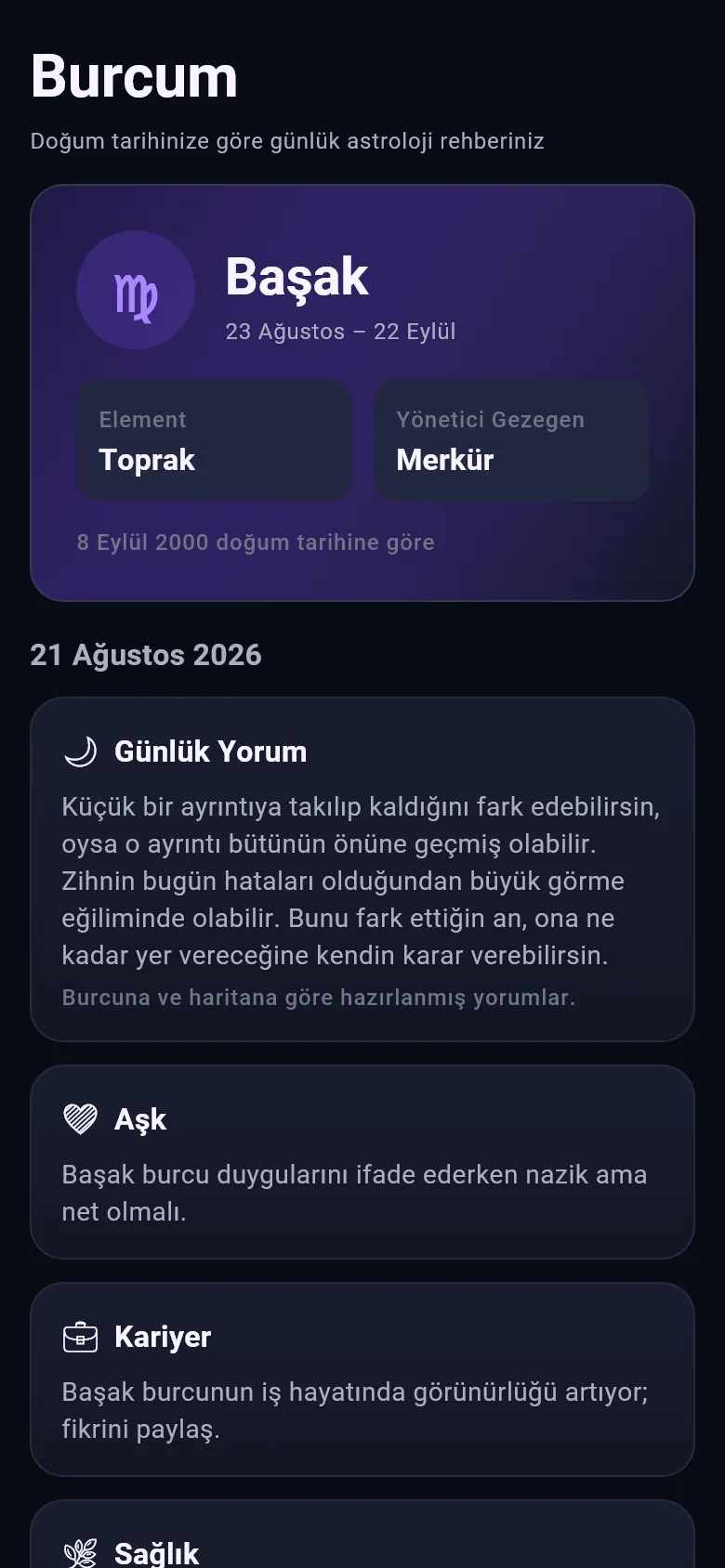 Günlük yorumu gösteren Asteriva uygulama ekranı