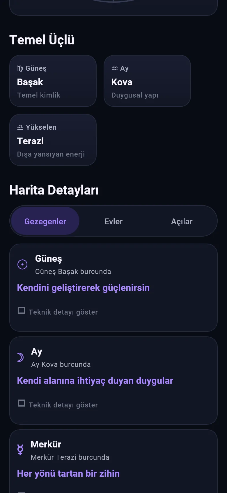 Temel üçlü ve harita detaylarını gösteren Asteriva doğum haritası ekranı